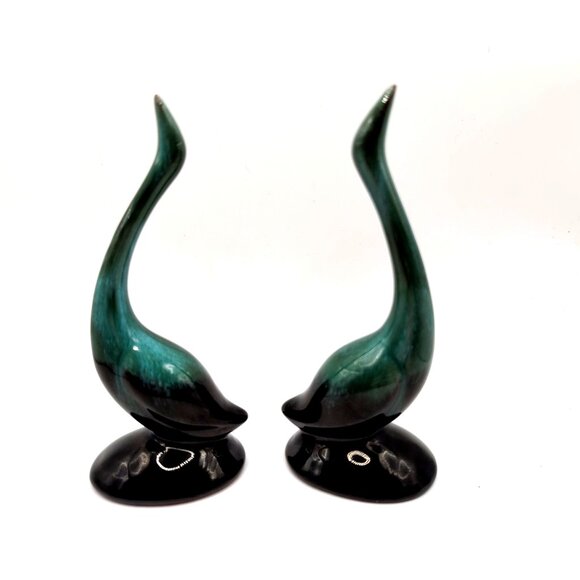 Set of 2 Vintage Blue Mountain Pottery BMP 4" Cranes Teal/Blk Drip Glaze EUC - Picture 2 of 6